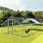 Large Metal Chicken Coop Walk-in Poultry Cage Chicken Run Pen Dog Kennel with Waterproof and Anti-Ultraviolet Cover for Outdoor Farm Use (9.8' L x 19.7' W x 6.4' H)