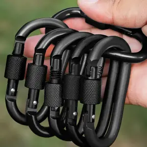 6 Pack Black Aluminum Alloy D-Ring Carabiners with Screw Gate