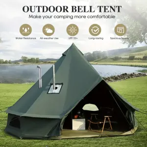 Bell Tent For Camping, Cotton Canvas Bell Tent With Stove Jack, Outdoor Canvas Bell Tent For Family Glamping Camping, 4 Season Tent With Zipped Removable Floor, 3M