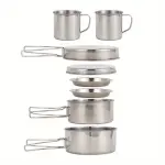 Outdoor Stainless Steel 8pcs Set Pot - Portable Camping Folding Set