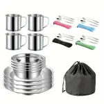 29-Piece Deluxe Stainless Steel Camping Mess Kit - Outdoor Tableware Set with Bowls, Plates, Cups, Forks, Spoons, Knives, and Cutlery for 4 People