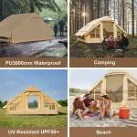 ABORON Inflatable Glamping Tent with Pump, 4-6 Person Extra Large Inflatable House Tents, Glamping Tents Sun Shelter with Mesh & Chimney Window, Beige